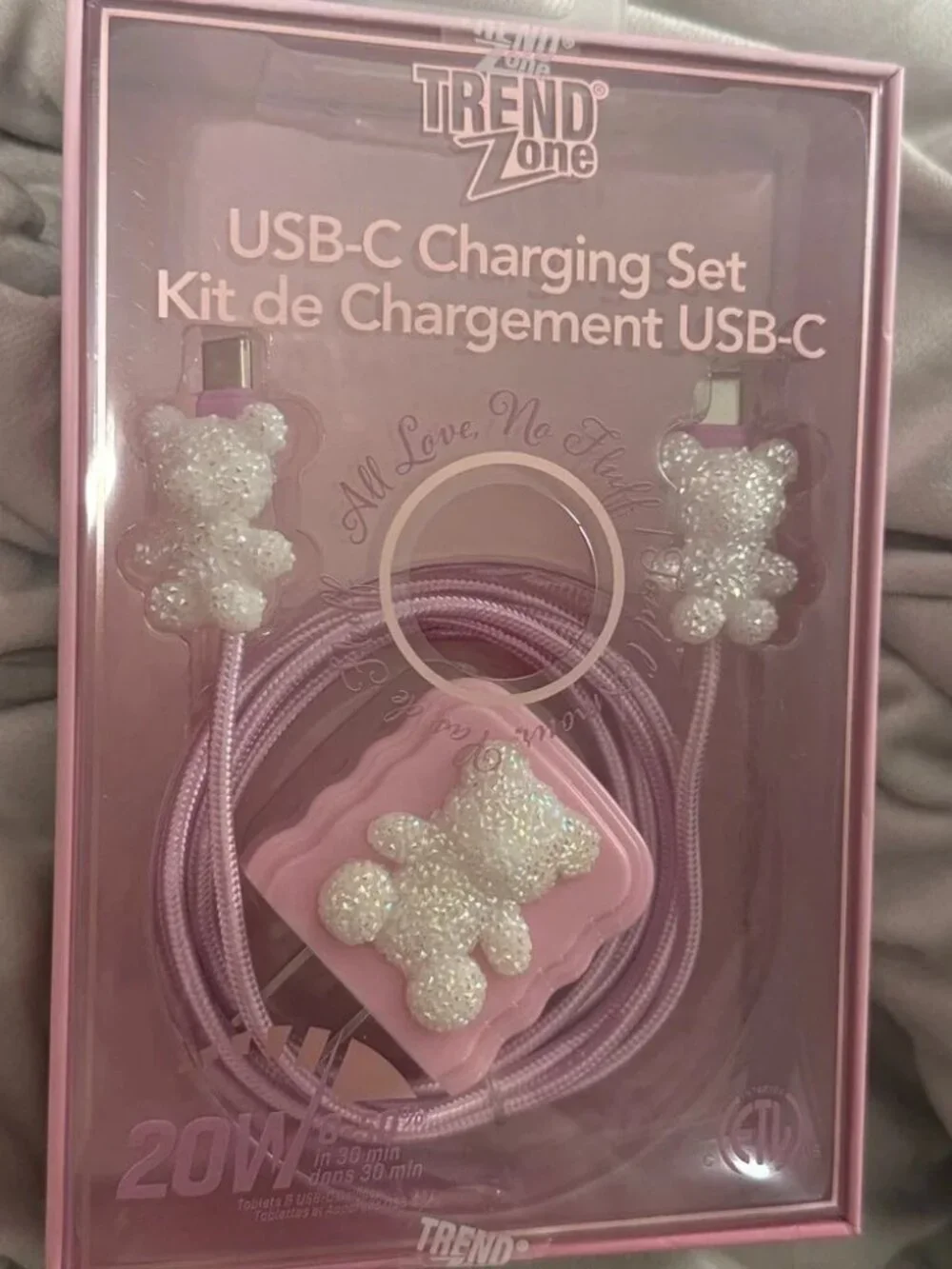 NWT Pink Holographic Rhinestone Teddy Bear USB-C Charger Set w/ Plug